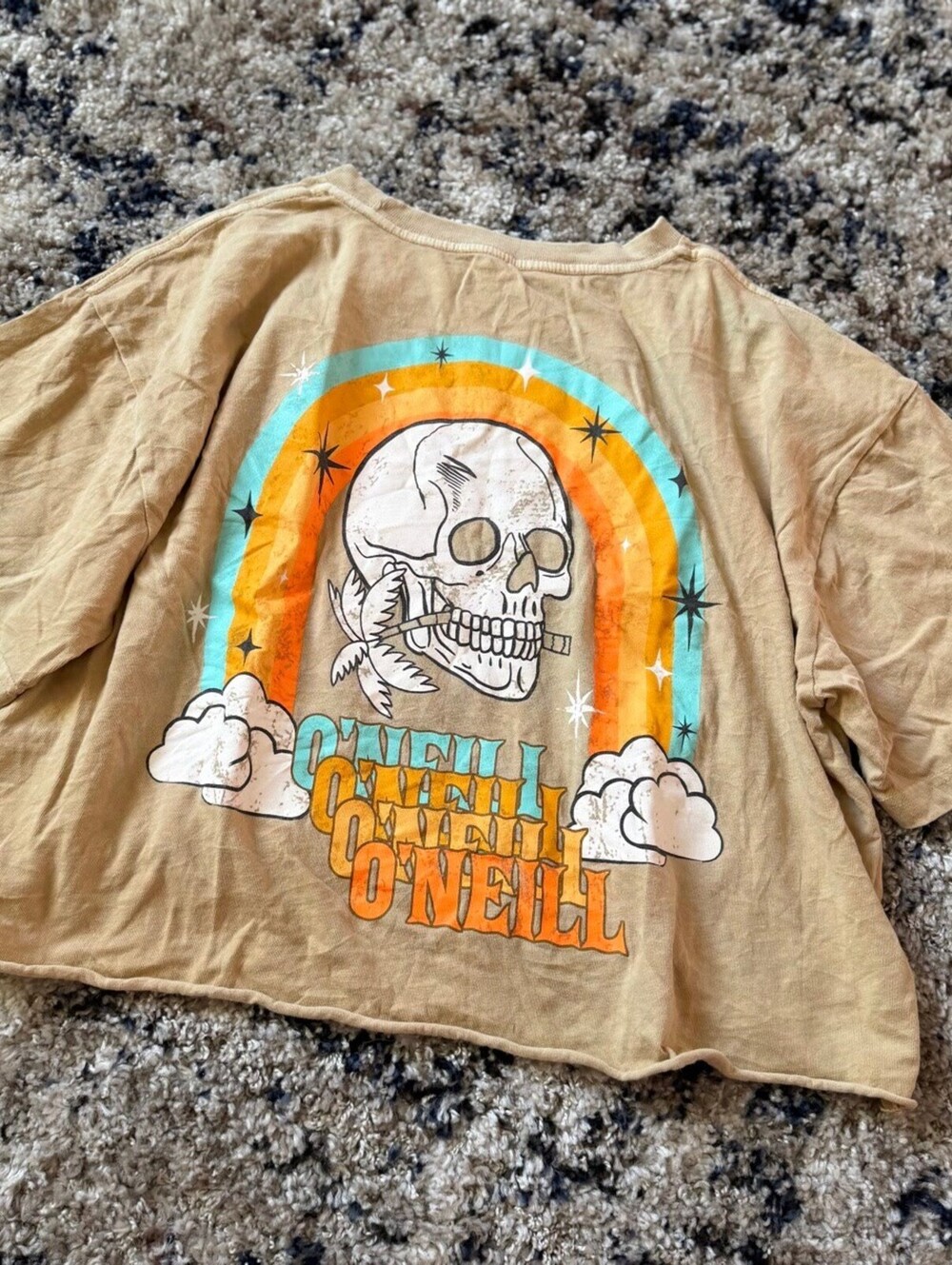 O'Neill Tan Skull Rainbow Cropped Tee Shirt S